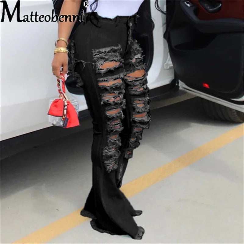 2021 Ripped Jeans For Women High Waist Elasticity Jeans Fashion Flare Jeans With Holes Vintage Bell Bottom Jeans Womens Clothing