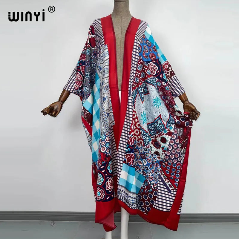 2021 WINYI new Cotton Bikini Sweet Lady Pink Boho Print Self Belted Front Open Long Kimono Dress Beach Tunic Women Wrap Dresses