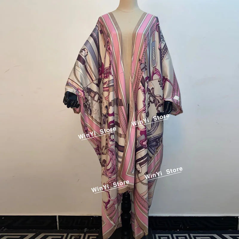 2021 WINYI new Cotton Bikini Sweet Lady Pink Boho Print Self Belted Front Open Long Kimono Dress Beach Tunic Women Wrap Dresses