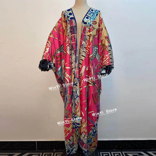 2021 WINYI new Cotton Bikini Sweet Lady Pink Boho Print Self Belted Front Open Long Kimono Dress Beach Tunic Women Wrap Dresses