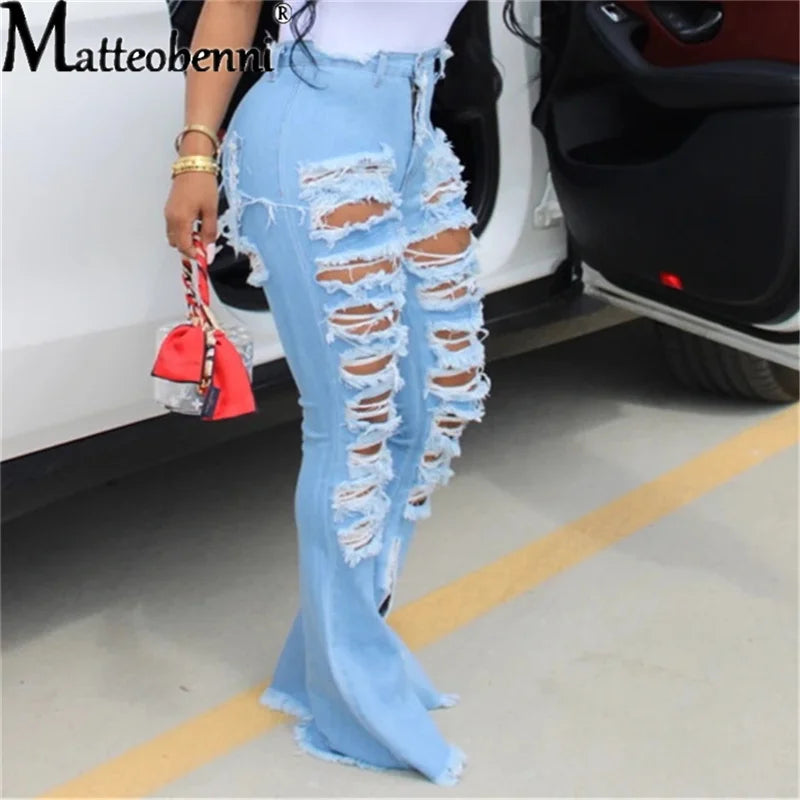 2021 Ripped Jeans For Women High Waist Elasticity Jeans Fashion Flare Jeans With Holes Vintage Bell Bottom Jeans Womens Clothing