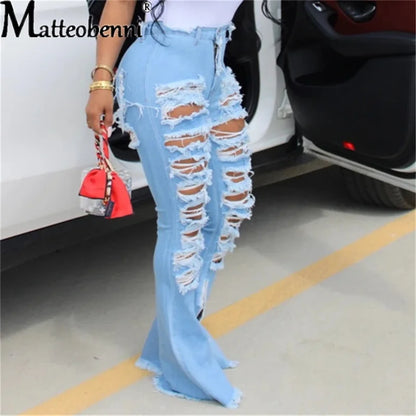 2021 Ripped Jeans For Women High Waist Elasticity Jeans Fashion Flare Jeans With Holes Vintage Bell Bottom Jeans Womens Clothing