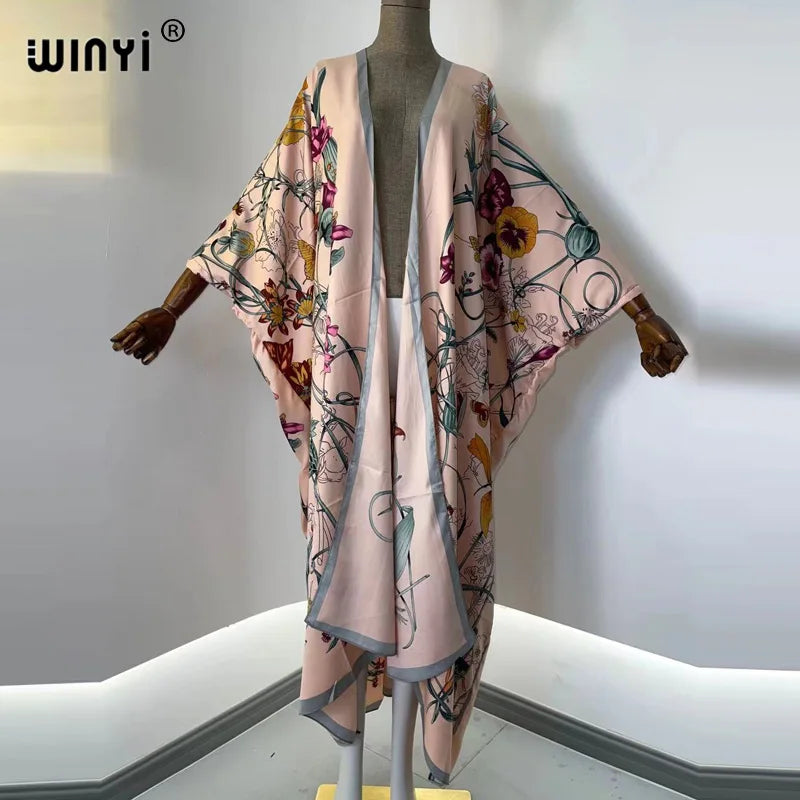 2021 WINYI new Cotton Bikini Sweet Lady Pink Boho Print Self Belted Front Open Long Kimono Dress Beach Tunic Women Wrap Dresses