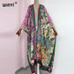 2021 WINYI new Cotton Bikini Sweet Lady Pink Boho Print Self Belted Front Open Long Kimono Dress Beach Tunic Women Wrap Dresses