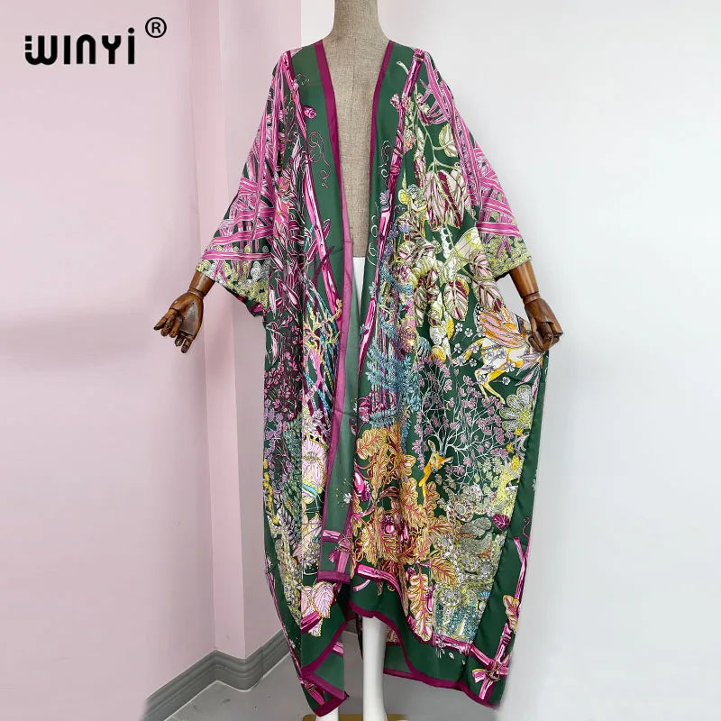 2021 WINYI new Cotton Bikini Sweet Lady Pink Boho Print Self Belted Front Open Long Kimono Dress Beach Tunic Women Wrap Dresses