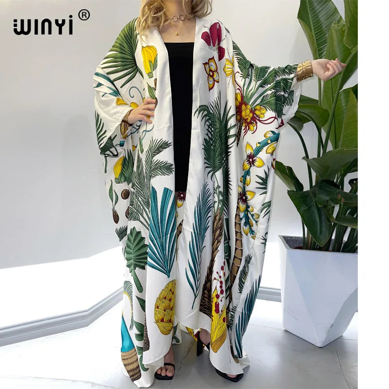 2021 WINYI new Cotton Bikini Sweet Lady Pink Boho Print Self Belted Front Open Long Kimono Dress Beach Tunic Women Wrap Dresses