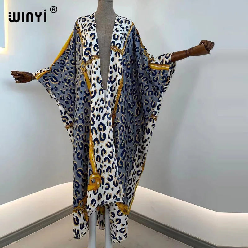 2021 WINYI new Cotton Bikini Sweet Lady Pink Boho Print Self Belted Front Open Long Kimono Dress Beach Tunic Women Wrap Dresses