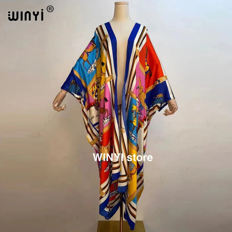 2021 WINYI new Cotton Bikini Sweet Lady Pink Boho Print Self Belted Front Open Long Kimono Dress Beach Tunic Women Wrap Dresses