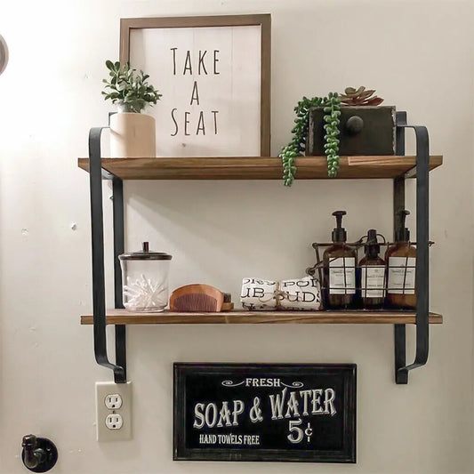 Large Rustic Industrial Pipe Wall Floating Shelf 2 Tier Wooden Metal Display Storage Shelving Unit