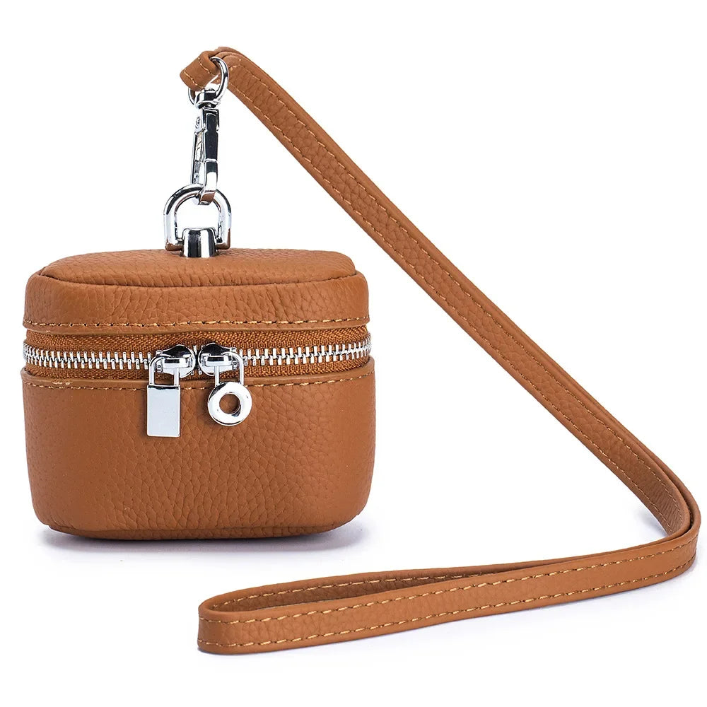 New Women's Genuine Leather Compact Halterneck Coin Purses Simple and Portable Makeup Storage Bag Mini Headphone Bags
