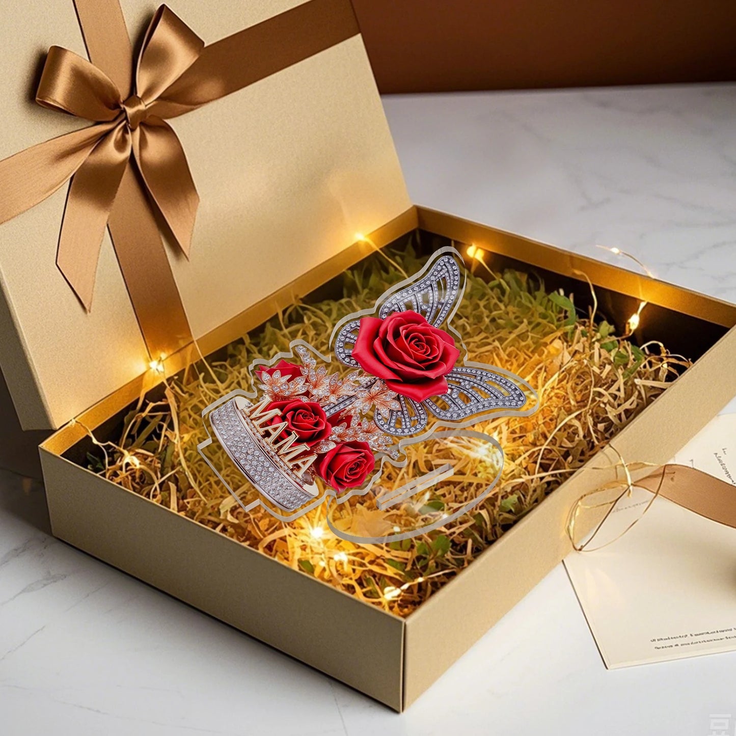 A gift for mom: An eternal souvenir, an acrylic display stand decorated with roses and butterflies. A beautiful gift