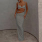 2025 Latest Women's 2-piece Sexiness Pretend Wrinkle Open Umbilical Tank Top+Shirt High Waist Long Dress Solid Color Set