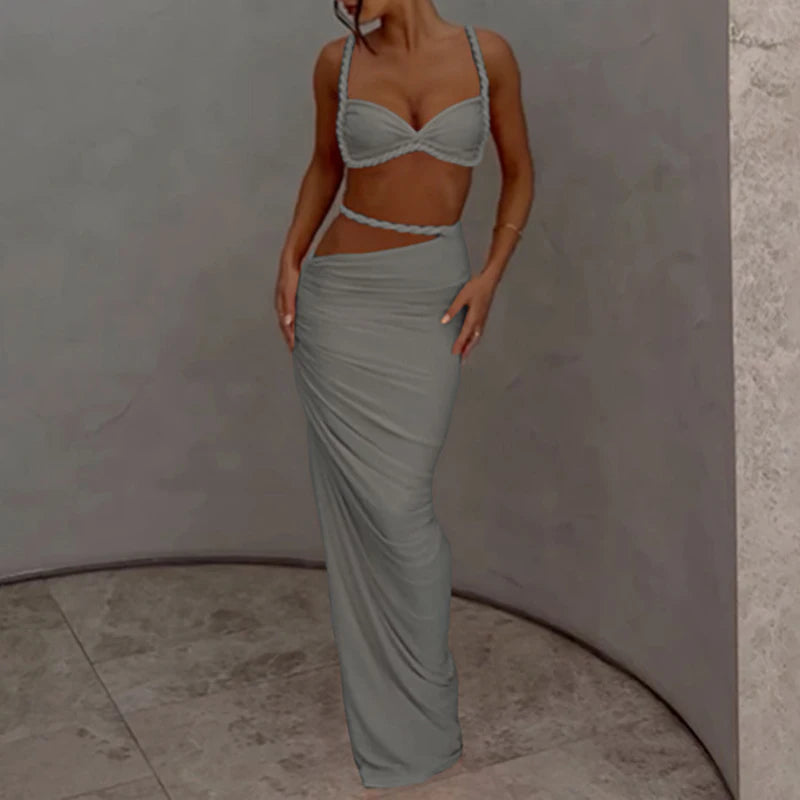 2025 Latest Women's 2-piece Sexiness Pretend Wrinkle Open Umbilical Tank Top+Shirt High Waist Long Dress Solid Color Set