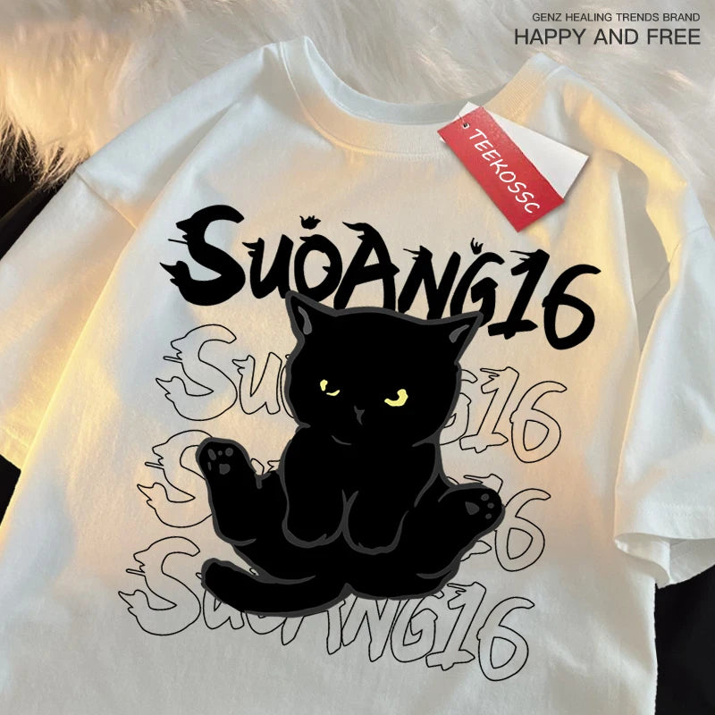 Fun Black Cat Print Japanese Style Men Women T-Shirt Fashion Clothing Cotton Tops Fashion Summer Tee Clothes Oversized Tshirt