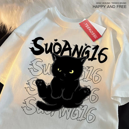 Fun Black Cat Print Japanese Style Men Women T-Shirt Fashion Clothing Cotton Tops Fashion Summer Tee Clothes Oversized Tshirt