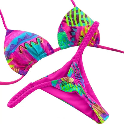 2Pcs/Set Women Bikini Set Halter Lace-Up Sleeveless Bra Braided Rope Swimming Briefs Set Sexy Quick Drying Beachwear