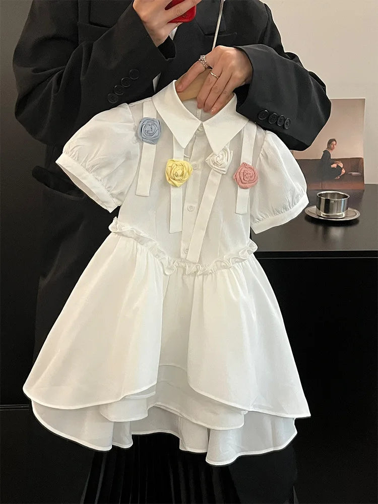 Girls Casual Dresses Floral White Puffy Sleeve Dress Flower Girl Clothes Kids Fairy Dress Summer Clothes for 2 To 7 Years