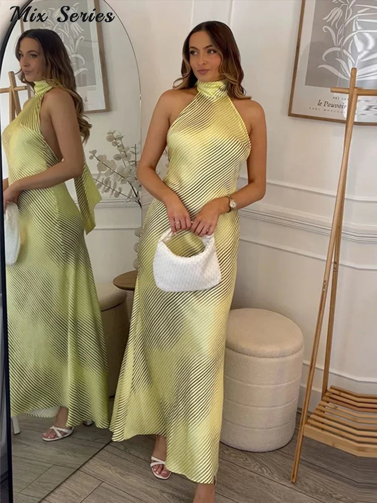 Sexy Striped Satin Halter Long Dress Women Elegant Backless Lace Up Party Dresses 2024 Autumn New Lady Slim Evening Vestidos