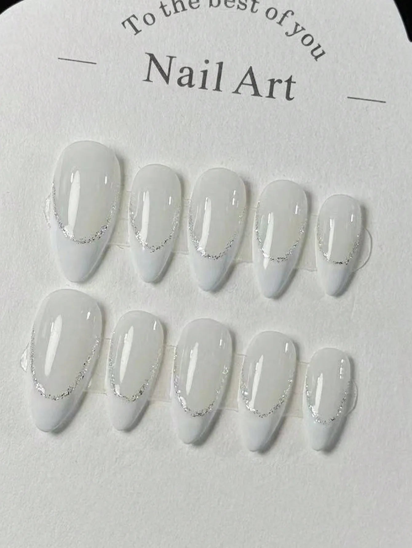 10 pieces of pure handmade almond-shaped nails with white French tips, glittering powder outlining, dazzling and eye-catching, s