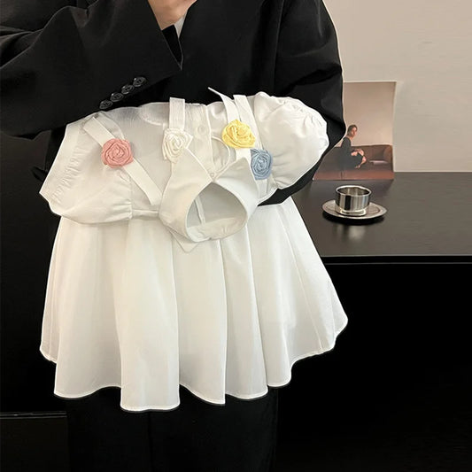 Girls Casual Dresses Floral White Puffy Sleeve Dress Flower Girl Clothes Kids Fairy Dress Summer Clothes for 2 To 7 Years