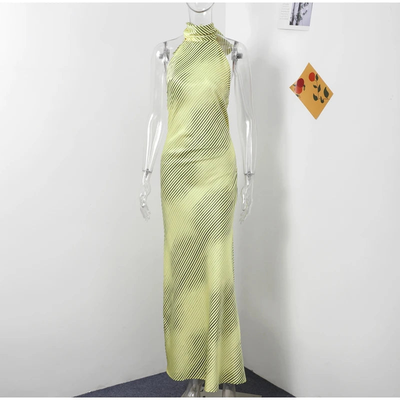 Sexy Striped Satin Halter Long Dress Women Elegant Backless Lace Up Party Dresses 2024 Autumn New Lady Slim Evening Vestidos