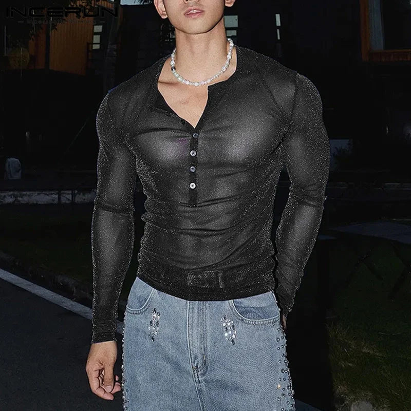 Fashion Well Fitting Tops INCERUN Men Sparkling Fabric T-shirts Male Personality Clubwear Hot Selling Thin Long Sleeved Camiseta