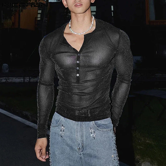 Fashion Well Fitting Tops INCERUN Men Sparkling Fabric T-shirts Male Personality Clubwear Hot Selling Thin Long Sleeved Camiseta
