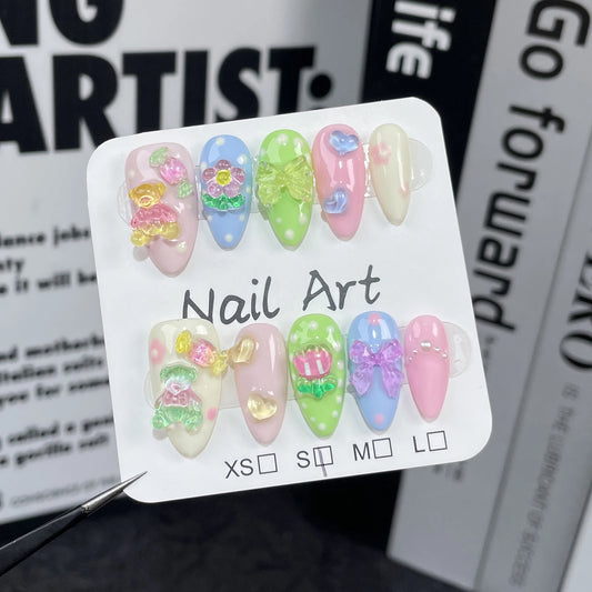 Handmade Press on Nails Cartoon Bear Design False Nails with Flower Decor Cute Colorful False Nails for Women and Girl Wearable