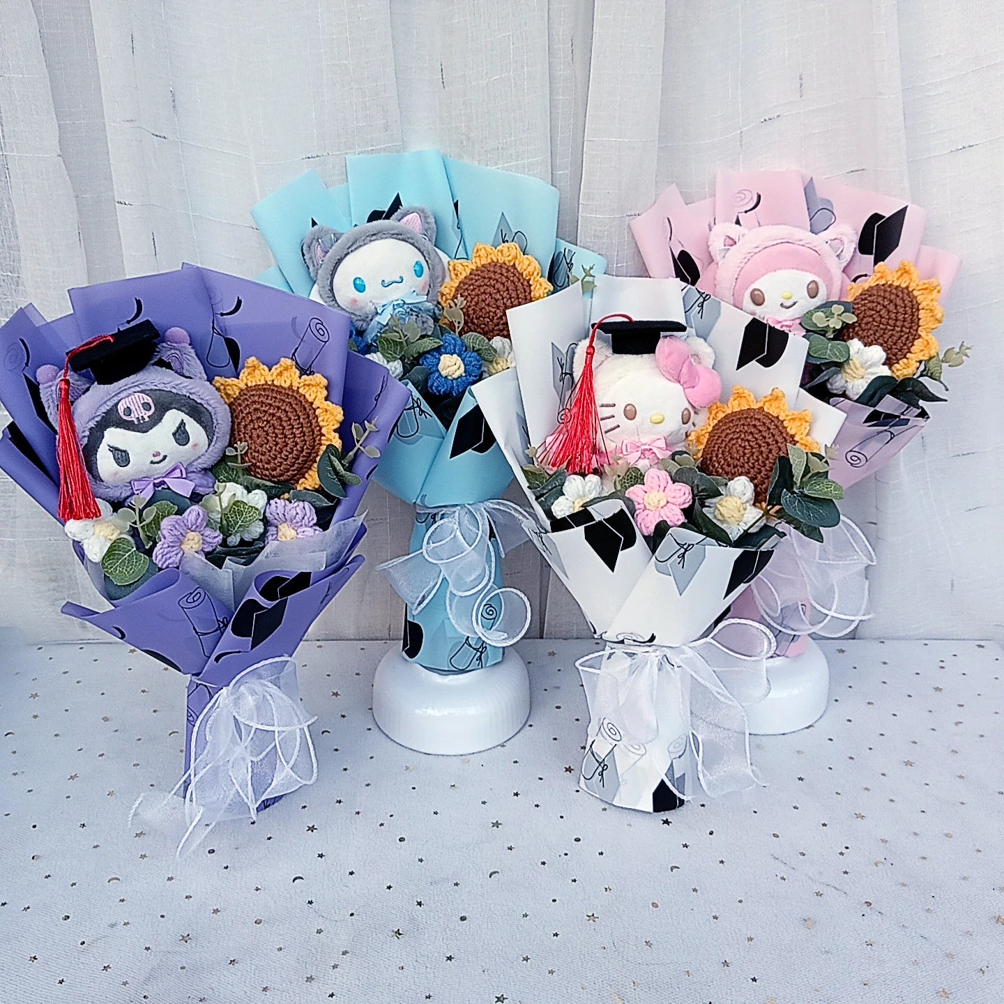 Graduation Gifts Sanrio Kuromi Hello Kitty With Crochet Sunflower Bouquet My Melody Cinnamoroll  Mother's Day Birthday Gifts