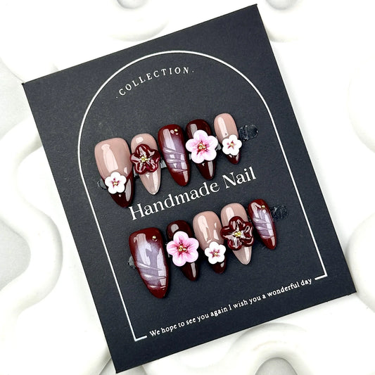 Handmade Press on Nails INS Hand Carved Flowers Design False Nails Wearable Autumn Deep Red French Almond Shaped Fake Nail Tips