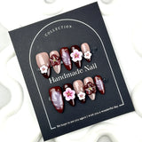 Handmade Press on Nails INS Hand Carved Flowers Design False Nails Wearable Autumn Deep Red French Almond Shaped Fake Nail Tips