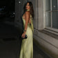 Sexy Striped Satin Halter Long Dress Women Elegant Backless Lace Up Party Dresses 2024 Autumn New Lady Slim Evening Vestidos