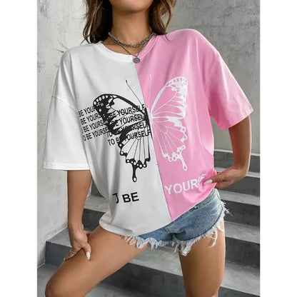 Women's 3D butterfly color splicing printed T-shirt oversized round neck Harajuku T-shirt short-sleeved casual street