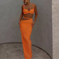 2025 Latest Women's 2-piece Sexiness Pretend Wrinkle Open Umbilical Tank Top+Shirt High Waist Long Dress Solid Color Set