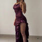 Sexy Satin Bodycon Long Dress Women Vintage Backless Strapless Ruffles Fork Party Club Elegant Evening Dresses Female Vestidos