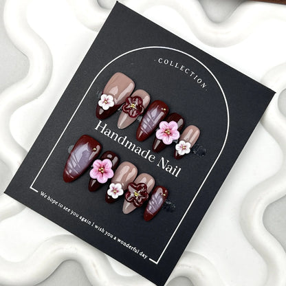 Handmade Press on Nails INS Hand Carved Flowers Design False Nails Wearable Autumn Deep Red French Almond Shaped Fake Nail Tips