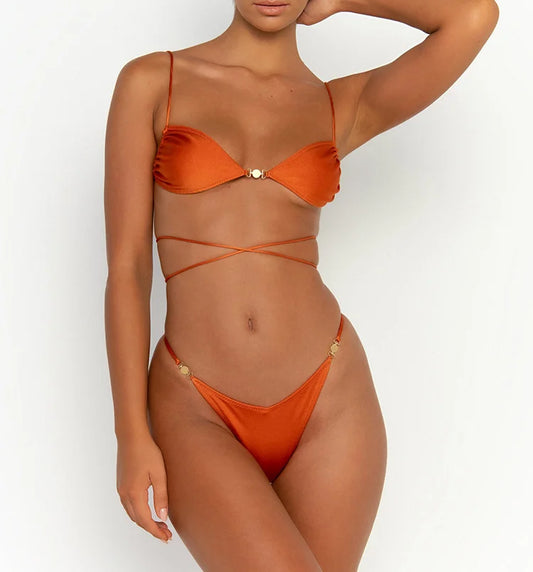 Sexy Swimwear Solid Bikini Women'S Swimsuit With Ties 2023 Thongs Bathing Suits Solid Color Beachwear Summer Brazilian Biquini