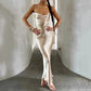 Sexy Spaghetti Strap Backless Summer Dress Women Gold Satin Lace Up Long Dress Elegant Bodycon Party Club Dresses 2024 New