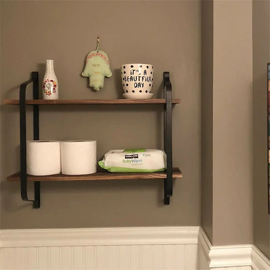 Large Rustic Industrial Pipe Wall Floating Shelf 2 Tier Wooden Metal Display Storage Shelving Unit