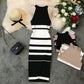 2024 summer women's hanging neck knit long dress round neck stripes hit color waist slim slim ming knit long dress office lady