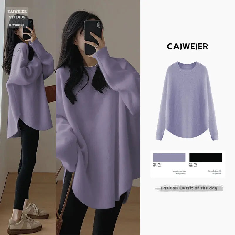Women's Korean Fashion Simple Chic Oversized Knitted Sweater Solid O Neck Long Sleeve Pullover Tops Streetwear Irregular Jumpers