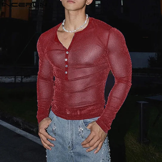 Fashion Well Fitting Tops INCERUN Men Sparkling Fabric T-shirts Male Personality Clubwear Hot Selling Thin Long Sleeved Camiseta