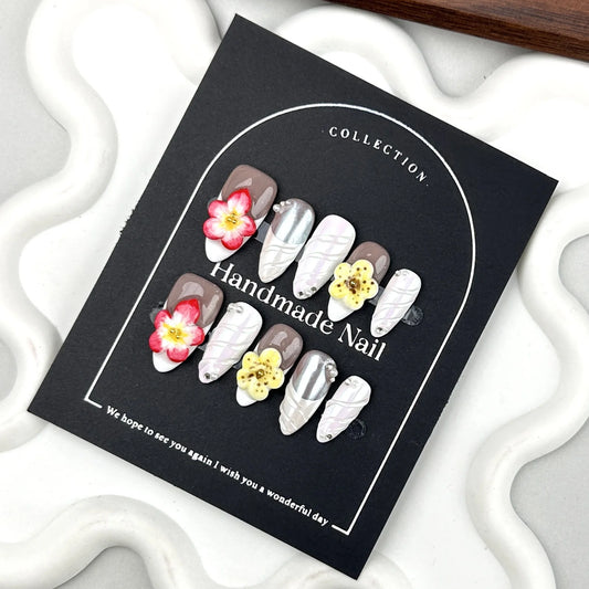 Handmade Press on Nails INS Hand Carved Flowers Design False Nails Wearable Autumn Deep Red French Almond Shaped Fake Nail Tips