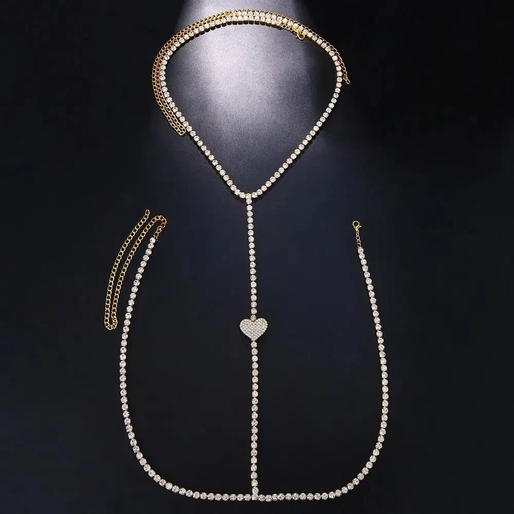 Fashion Rhinestone Heart Chest Chain Necklace Outfit for Women 2023 Sexy Jewelry Crystal Bikini Body Chain Club Accessories