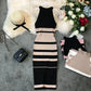 2024 summer women's hanging neck knit long dress round neck stripes hit color waist slim slim ming knit long dress office lady