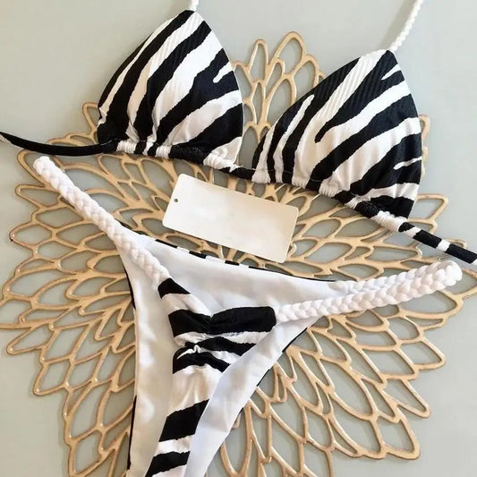2Pcs/Set Women Bikini Set Halter Lace-Up Sleeveless Bra Braided Rope Swimming Briefs Set Sexy Quick Drying Beachwear