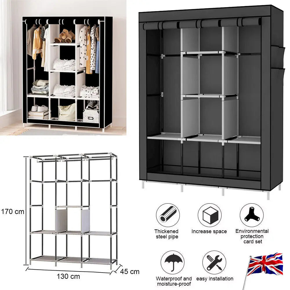 Portable Large Fabric Canvas Wardrobe Canvas Wardrobe With Hanging Rail Sheing Fabric Cloth Cupboard