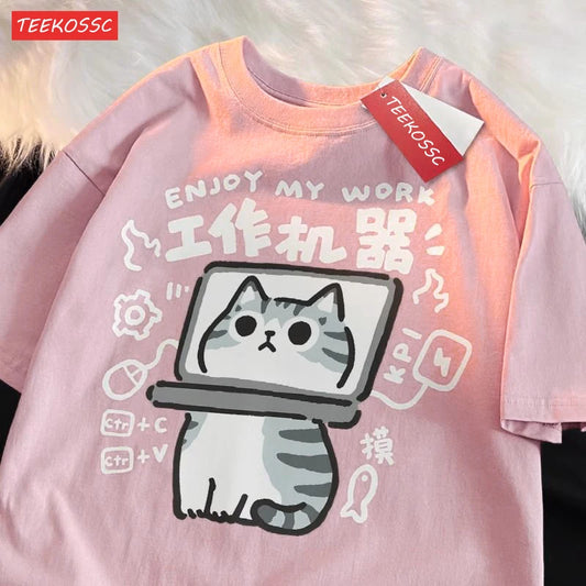 American Short Cat Numb Funny Short Sleeved t-shirt For Women In 2024 Summer New Casual Loose Oversized Cotton Top Tees