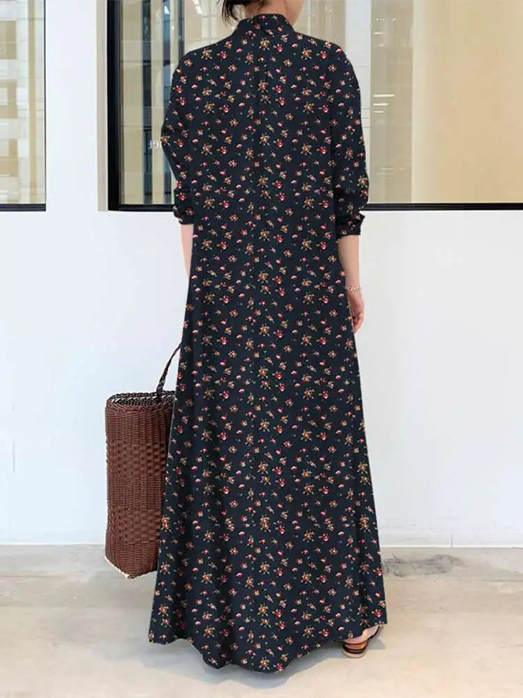Bohemian Women Sundress Autumn Vintage Long Dress 2023 ZANZEA Lapel Floral Printed Long Sleeve Shirt Vestidos Robe Retro Kaftan