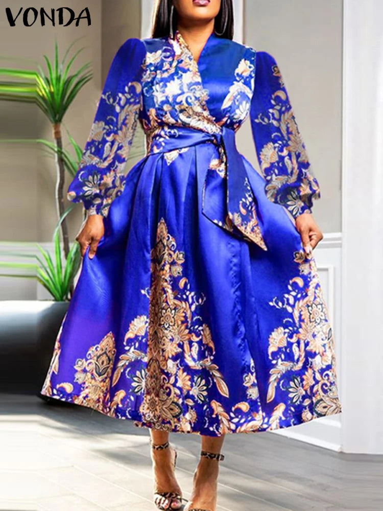 VONDA Women Satin Silk Dress 2024 Bohemian Printing Long Lantern Sleeve Vestidos Elegant Sundress Casual V-Neck Robe Oversized